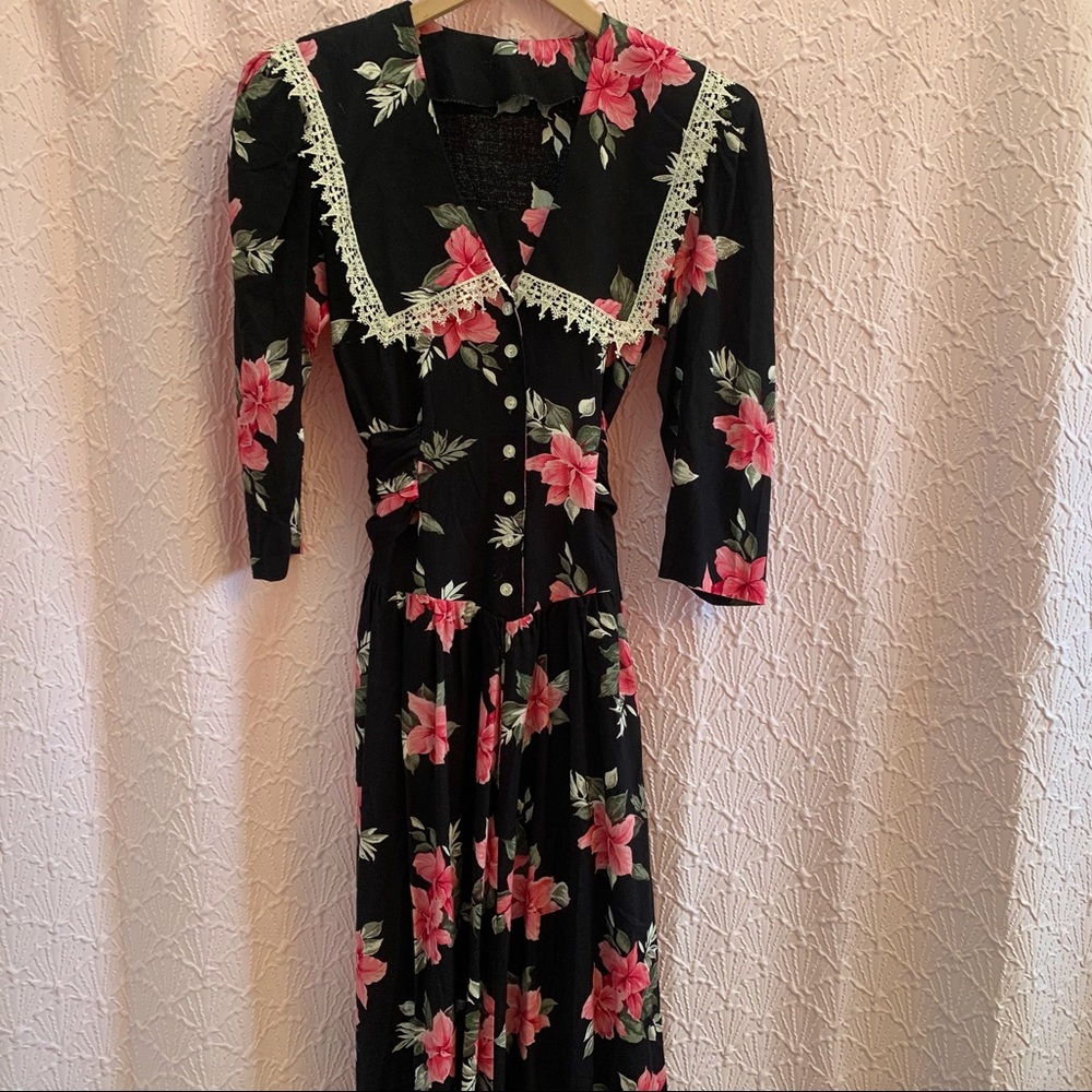 Vintage 1980s Big Collar Pink Floral Dress